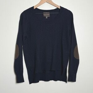 Fenn Wright Manson Merino Wool Sweater XL Blue Cable Knit Elbow Patch Academia